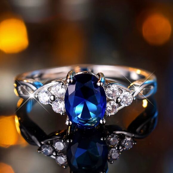 14k White Gold Blue Sapphire Diamond Ring Oval Cut - Picture 2 of 6